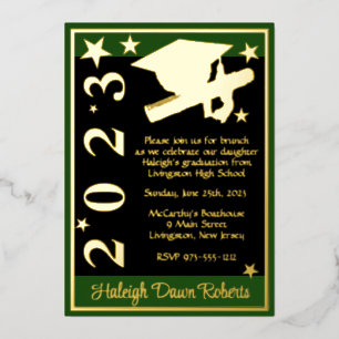 Invitation En Aluminium Casquette, Diplôme & Étoiles, Vert, Noir & Or