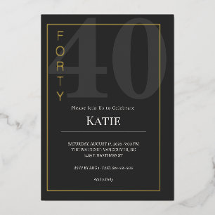 Invitation En Aluminium Célébration d'anniversaire Quarante/40ème Noir & O