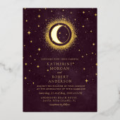 Invitation En Aluminium Céleste Bourgogne Or Lune Et Étoiles Mariage (Recto)