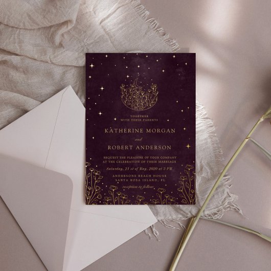 Invitation En Aluminium Céleste Bourgogne Or Lune Et Étoiles Mariage