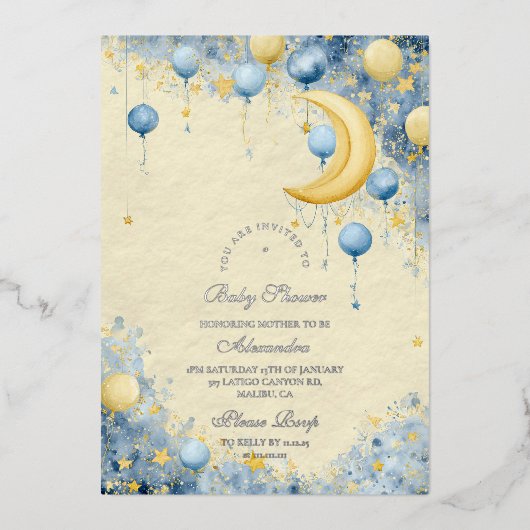 Invitation En Aluminium Céleste Lune et Baby shower des étoiles (Recto)