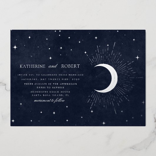 Invitation En Aluminium céleste minuit bleu argent étoiles Mariage (Recto)