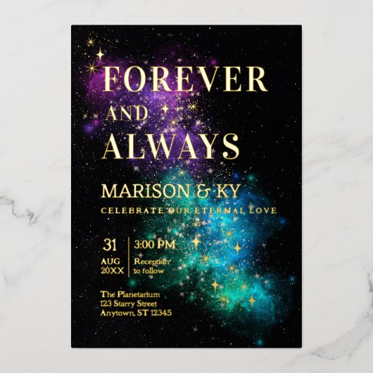 Invitation En Aluminium Céleste Nuit Sky Space Nebula Gold Star Mariage (Recto)