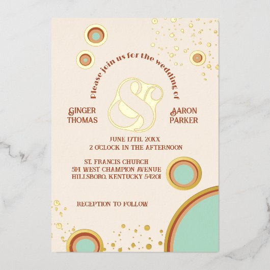 Invitation En Aluminium Cercles super Peach Ampersand Retro Mariage Gold (Recto)