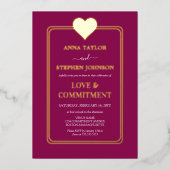 Invitation En Aluminium Cérémonie d'engagement Lux Mulberry et Gold Heart (Recto)