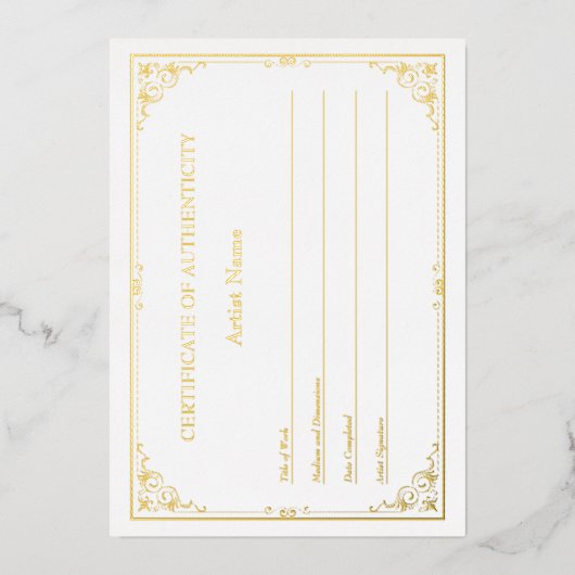 Invitation En Aluminium Certificat d'authenticité d'huile d'or victorienne (Recto)