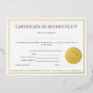 Invitation En Aluminium Certificat d'authenticité d'un artiste élégant
