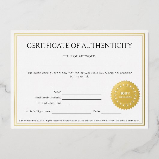 Invitation En Aluminium Certificat d'authenticité d'un artiste élégant (Recto)