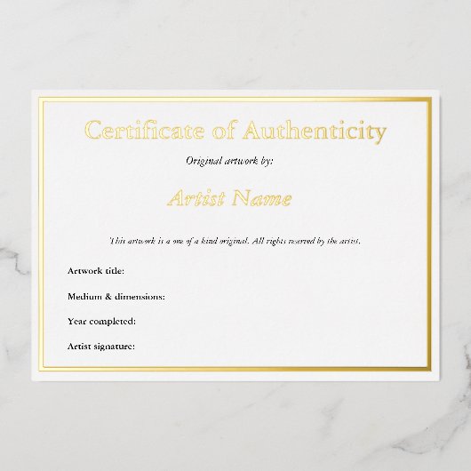 Invitation En Aluminium Certificat d'authenticité Gold Foil pour l'art (Recto)