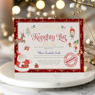 Invitation En Aluminium Certificat de la liste des vilains de Papa Noël In