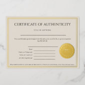 Invitation En Aluminium Certificate of Authenticity for Artists (Recto)