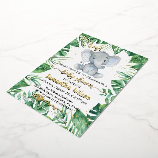 Invitation En Aluminium C'est un Baby shower éléphant Safari Garçon Real F (Rotation)