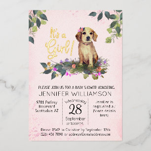 Invitation En Aluminium C'est une fille ! Aquarelle florale de chiot pour