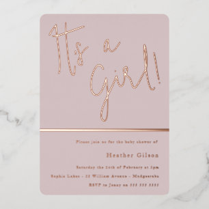 Invitation En Aluminium C'est une fille ! Baby shower moderne rose gold