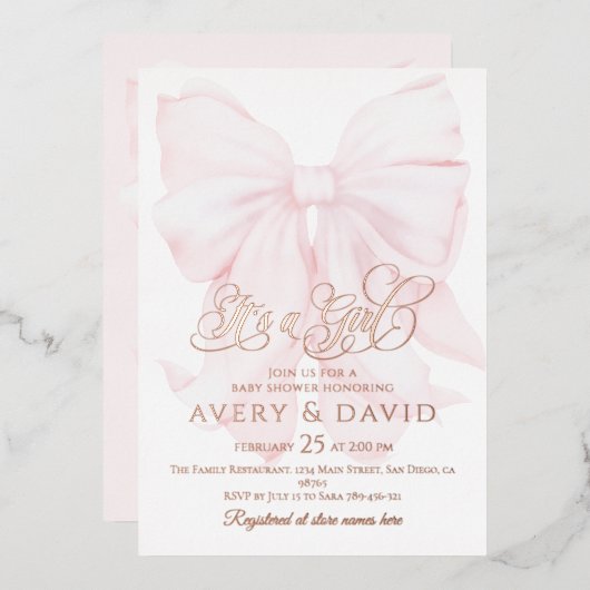 Invitation En Aluminium C'est une fille rose Bow Baby shower moderne éléga (Recto/Verso)