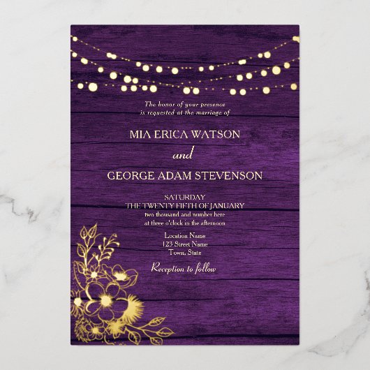 Invitation En Aluminium Chaîne Lights Gold Purple Code QR Mariage (Recto)