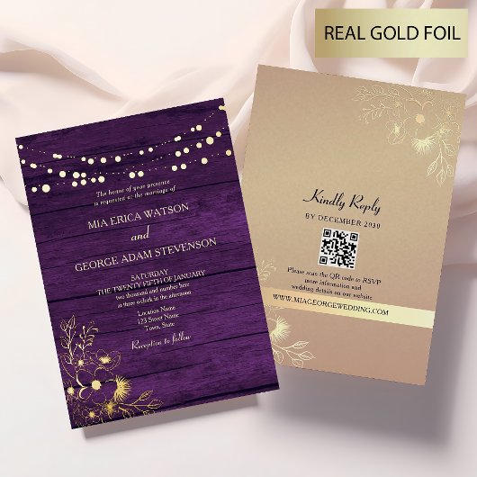 Invitation En Aluminium Chaîne Lights Gold Purple Code QR Mariage