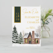 Invitation En Aluminium Chalet Cabine d'hiver Vert Rustique Enregistrer La (Debout devant)