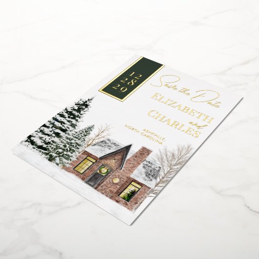 Invitation En Aluminium Chalet Cabine d'hiver Vert Rustique Enregistrer La (Rotation)