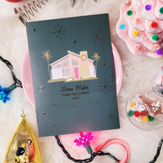 Invitation En Aluminium Chaleureux voeux Maison rose du Moyen-siècle Noël