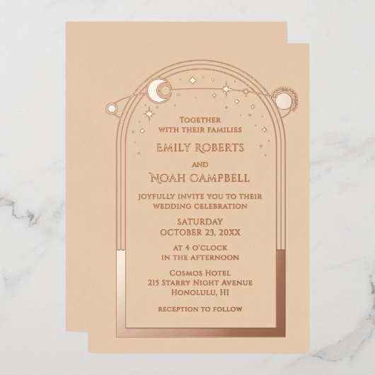 Invitation En Aluminium Champagne céleste Gold Sun Moon Stars Mariage (Recto/Verso)