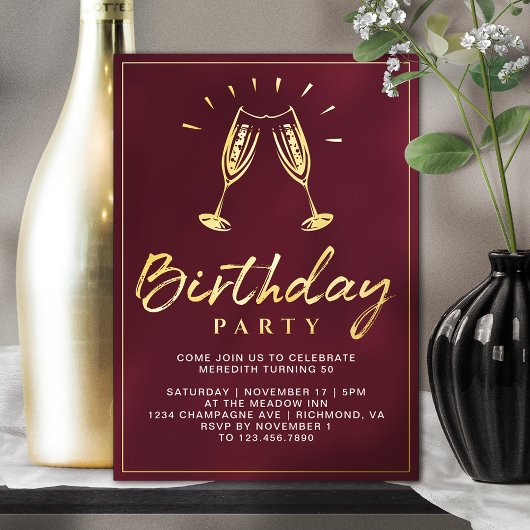 Invitation En Aluminium Champagne | Fun Burgundy Rouge et Or Anniversaire