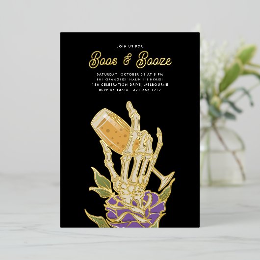 Invitation En Aluminium Champagne Ghoost "Boos & Booze" Halloween Party (Debout devant)