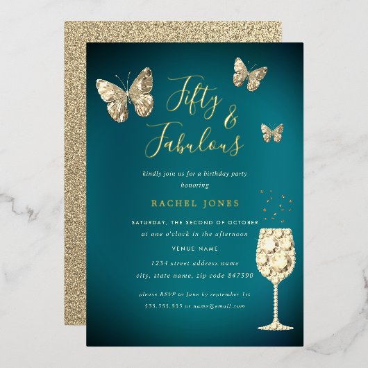 Invitation En Aluminium Champagne Gold turquoise 50 & Fabuleux Anniversair (Recto/Verso)