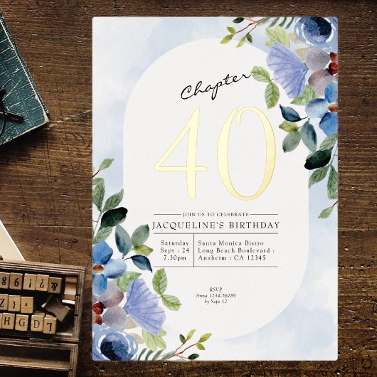 Invitation En Aluminium Chapitre 40 Floral bleu 40e Anniversaire Or