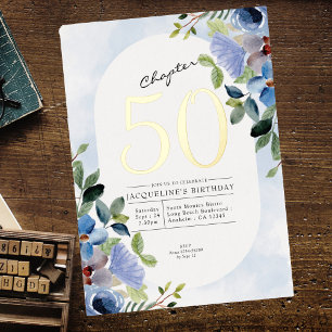 Invitation En Aluminium Chapitre 50 Floral bleu 50e Anniversaire Or
