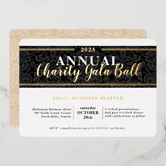 Invitation En Aluminium CHARITY GALA BALL élégant événement cravate noire (Recto/Verso)