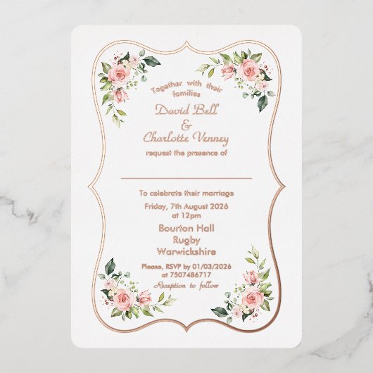 Invitation En Aluminium Charmant Rose  Gold Frame Mariage (Recto)