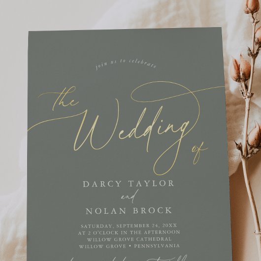 Invitation En Aluminium Charme élégant Sage foncé Gold Foil Mariage invite
