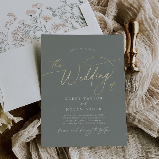 Invitation En Aluminium Charme élégant Sage foncé Gold Foil Mariage invite