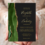 Invitation En Aluminium Chasseur d'âge moderne Vert Or Mariage foncé<br><div class="desc">Le bord gauche de cette élégante faire-part de mariage moderne est orné d'une bordure en aquarelle vert de chasseur, recouverte d'une parties scintillant en faux or. Le texte personnalisable combine écriture manuscrite, copperplate et polices italiques en feuille d'or réelle sur un arrière - plan non noir. L'envers est assorti d'un...</div>