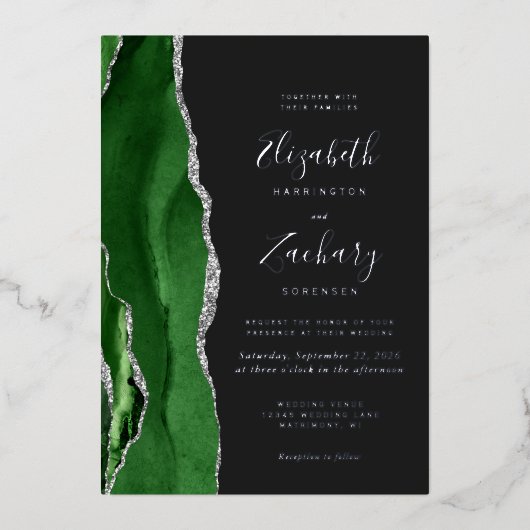 Invitation En Aluminium Chasseur moderne vert Argent Agate Mariage foncé (Recto)