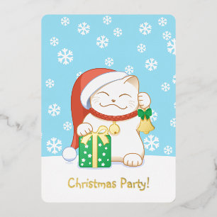 Invitation En Aluminium Chat de Noël blanc dans une fête au chapeau rouge