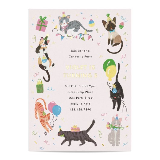Invitation En Aluminium Chat Tastic Kitty Chat fête d'anniversaire avec or