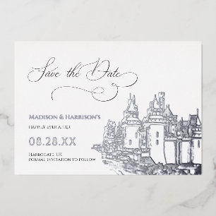 Invitation En Aluminium Château à thème Enregistrer la date Argent