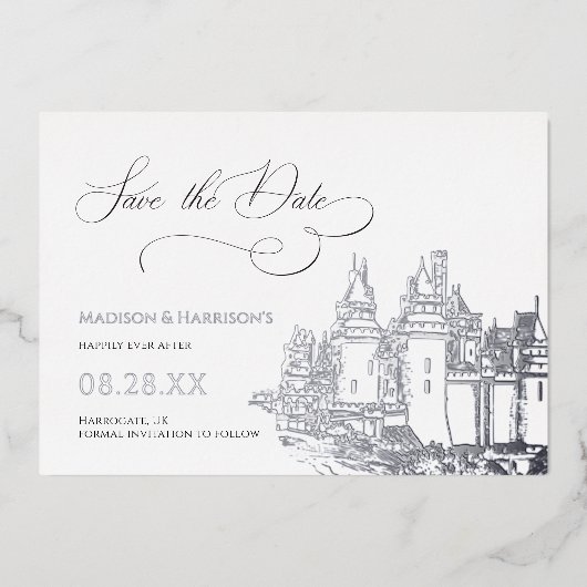 Invitation En Aluminium Château à thème Enregistrer la date Argent (Recto)