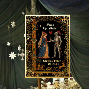 Invitation En Aluminium Chevalier Médiéval et Dame Manuscrit Date de Sauve