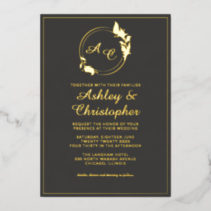 Invitation En Aluminium Chic Ardoise Grise Feuille Monogramme Photo Mariag