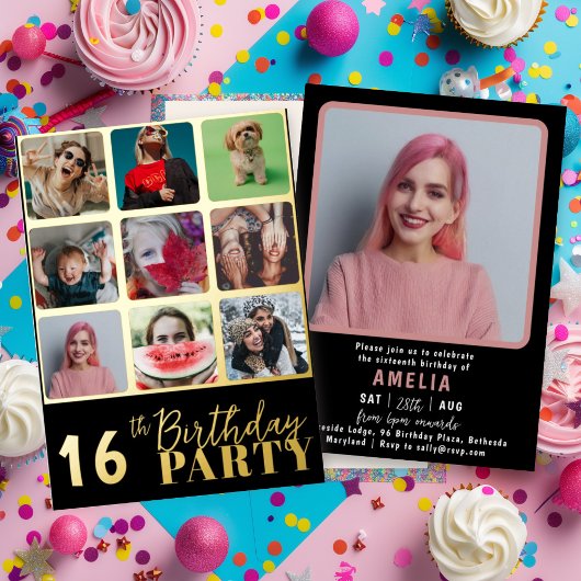 Invitation En Aluminium Chic Black & Gold 10 Photo Anniversaire