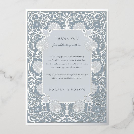 Invitation En Aluminium Chic bleu Dusty et Merci d'huile d'argent (Recto)