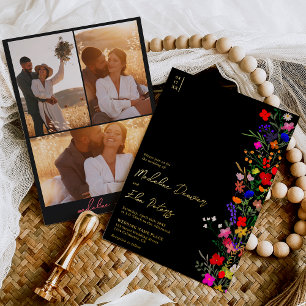 Invitation En Aluminium Chic boho fleurs sauvages vives 3 photos mariage