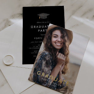 Invitation En Aluminium Chic Cap Noir Feuille D'Or Photo Fête De Remise De