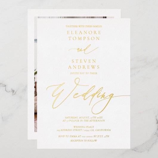 Invitation En Aluminium Chic classique calligraphie mariage or blanc (Recto/Verso)