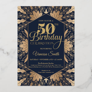 Invitation En Aluminium Chic élégant marine et véritable feuille d'or 50e