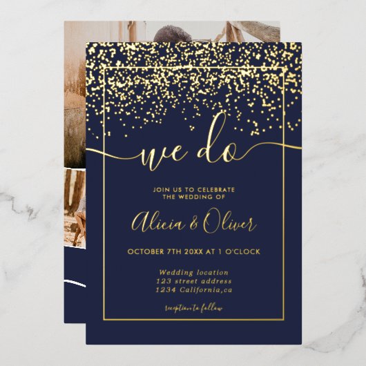 Invitation En Aluminium Chic feuille d'or marine bleu photo initiales mari (Recto/Verso)