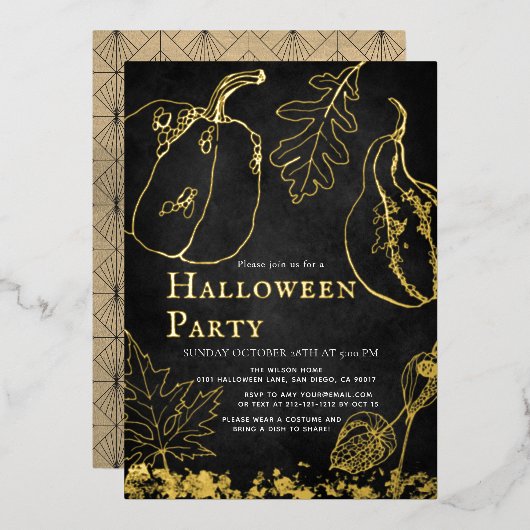 Invitation En Aluminium Chic Gold Citrouille Black Halloween Party (Recto/Verso)